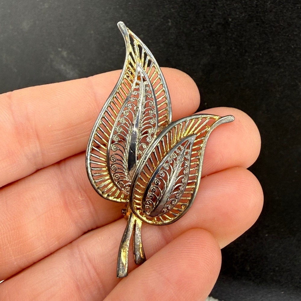 Vintage Sterling Silver Leaf Brooch Two Tone‎ Filigree Germany